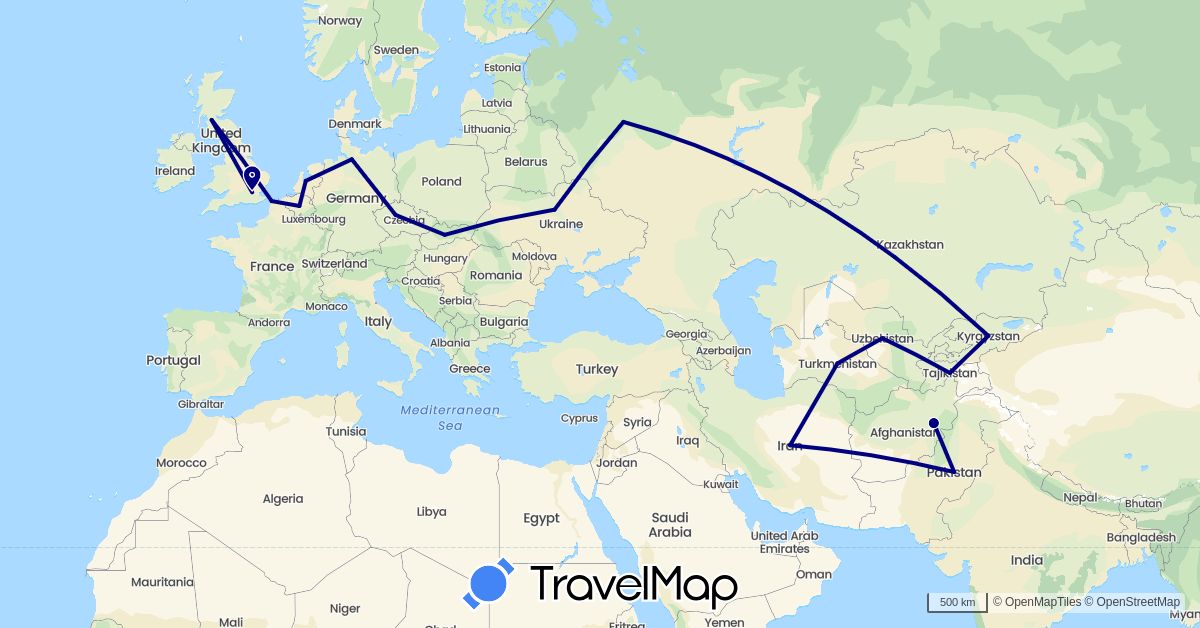 TravelMap itinerary: driving in Afghanistan, Belgium, Czech Republic, Germany, France, United Kingdom, Iran, Kyrgyzstan, Kazakhstan, Netherlands, Pakistan, Russia, Slovakia, Tajikistan, Turkmenistan, Ukraine, Uzbekistan (Asia, Europe)